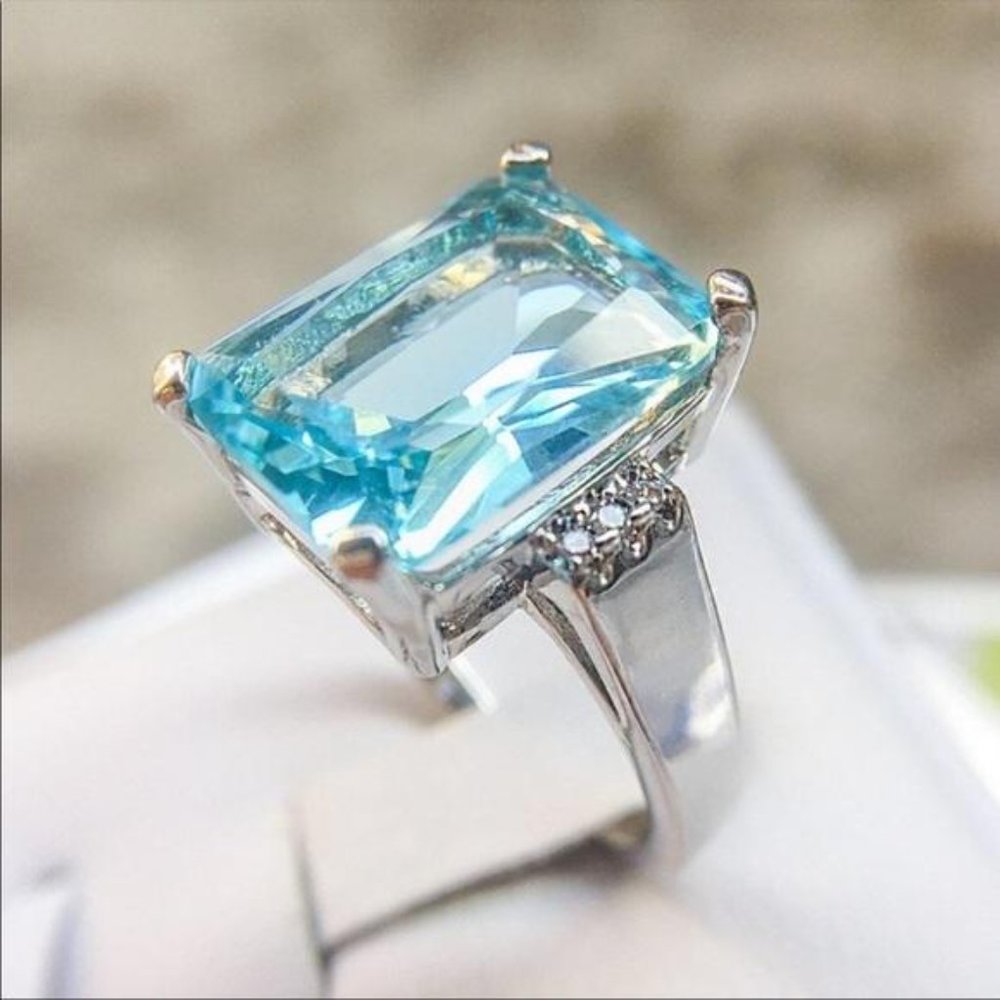 NEW AQUAMARINE DIAMOND 925 STERLING SILVER RING - Picture 4 of 6